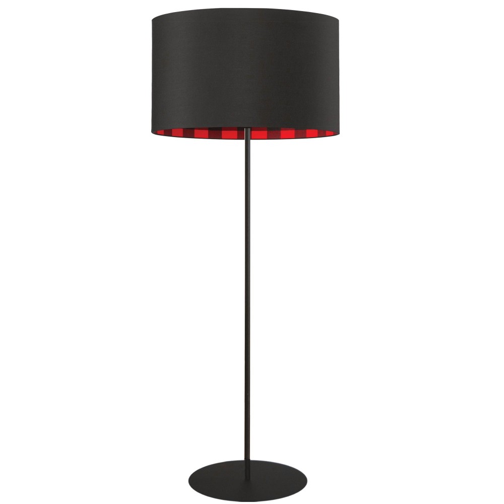 1 Light Drum Floor Lamp, Black / Buffalo Plaid Shade Matte Black