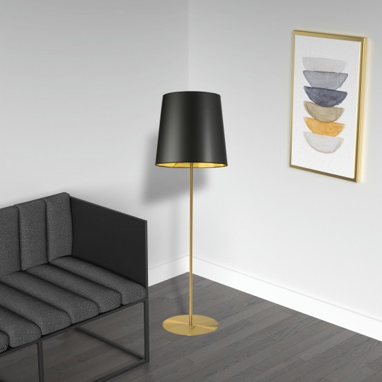1 Light Aged Brass Floor Lamp w/ Black/Gold Drum Shade