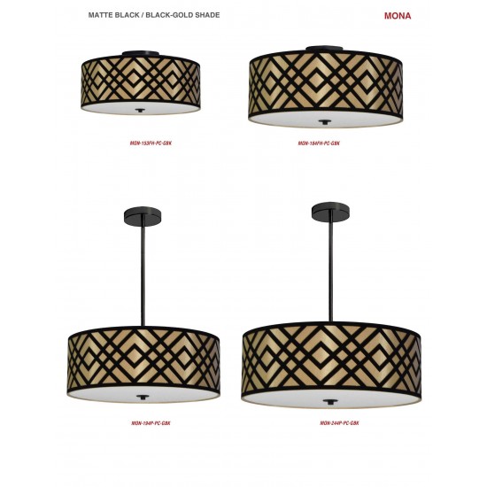 3 Light Flushmount, Black Finish, Black/Gold Shade