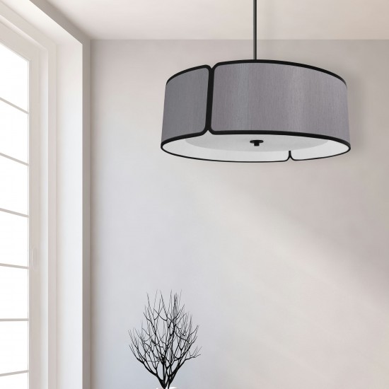 4 Light Black Notched Drum Pendant, Grey Shade and White Diffuser