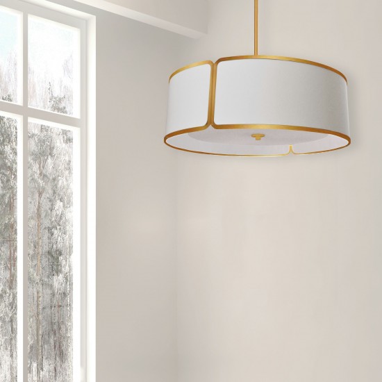 4 Light Gold Notched Drum Pendant, White Shade and Diffuser