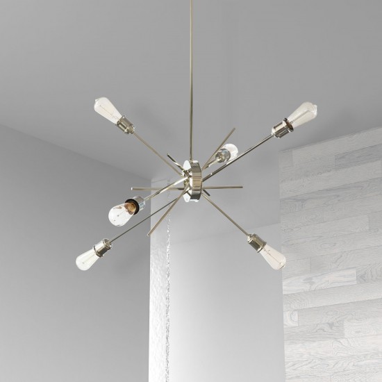 6 Light Pendant, Burnished Chrome Finish, 28" Diameter