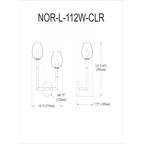 Nora 2 Light Incandescent Wall Sconce, Matte Black w/ Clear Glass, L