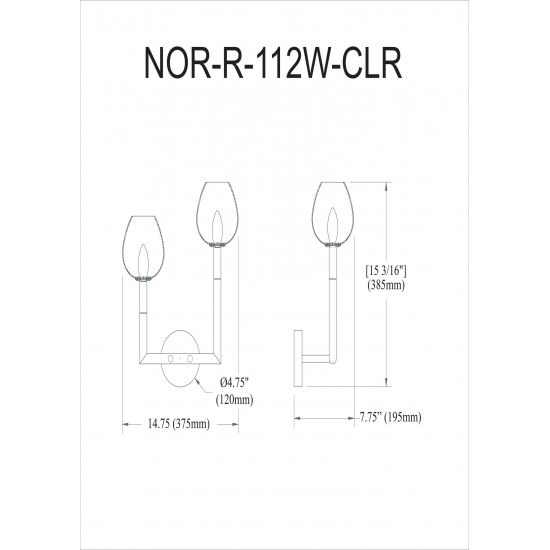 Nora 2 Light Incandescent Wall Sconce, Matte Black w/ Clear Glass