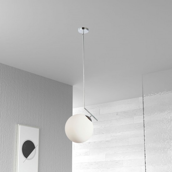 1 Light Incand White Glass Pendant, Polished Chrome Finish