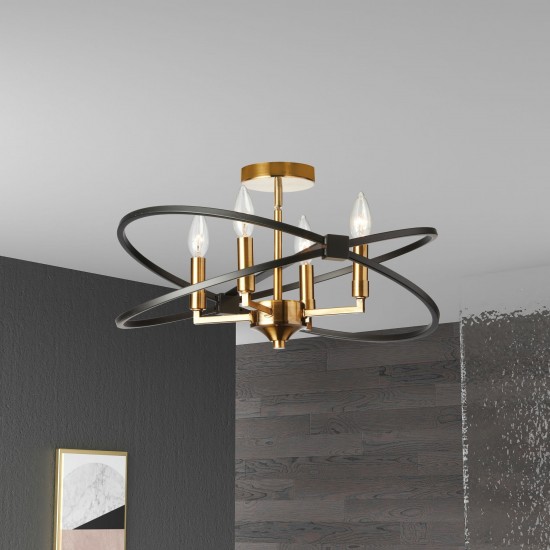 4 Light Incandescent Semi Flush, Vintage Bronze and Matte Black Finish