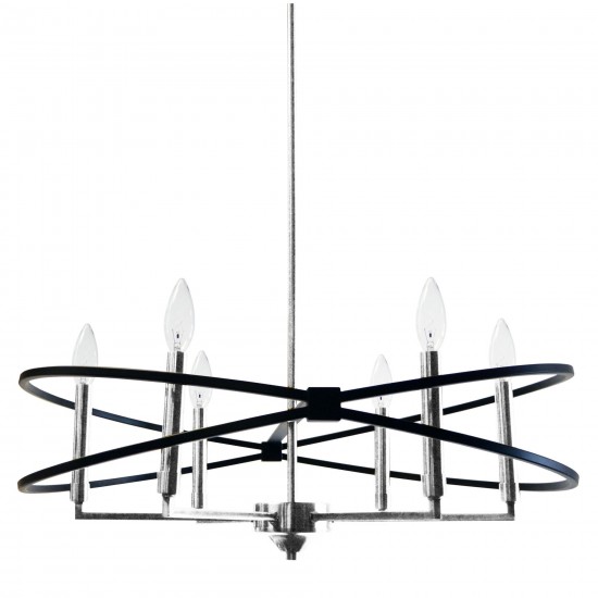 6 Light Incandescent Chandelier, Polished Chrome and Matte Black Finish