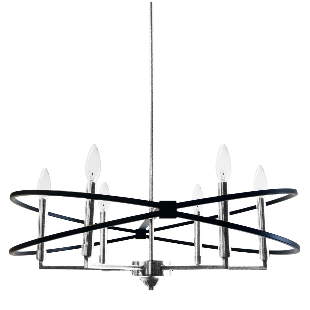 6 Light Incandescent Chandelier, Polished Chrome and Matte Black Finish