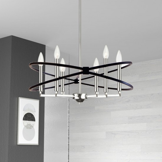 6 Light Incandescent Chandelier, Polished Chrome and Matte Black Finish