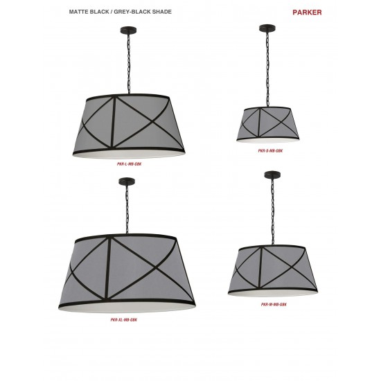 Parker Incandescent Pendant, Matte Black with Grey and Black Shade, L