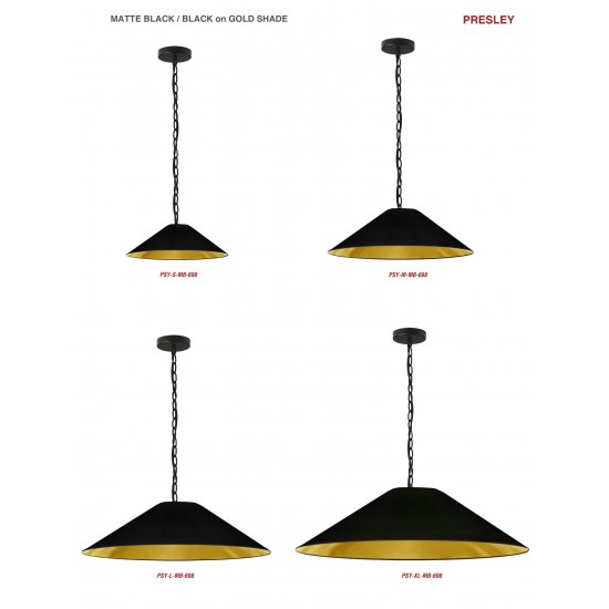 Presley Incandescent Pendant, Matte Black with Black / Gold Shade, L