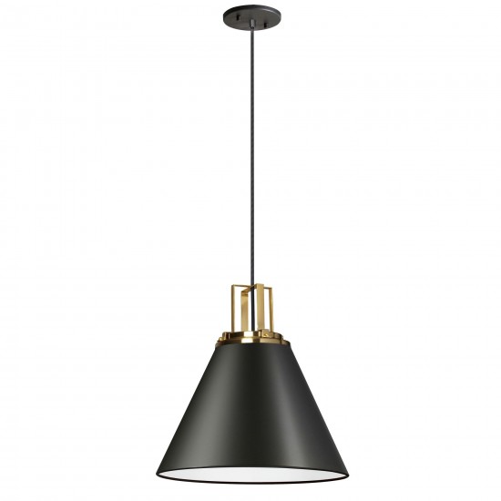 1 Light Incandescent Pendant, Matte Black w/ Aged Brass Accent