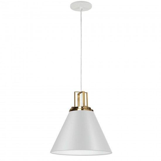 1 Light Incandescent Pendant, Matte White w/ Aged Brass Accent