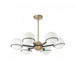 6 Light Halogen Chandelier, Matte Black / Aged Brass with White Opal Glass