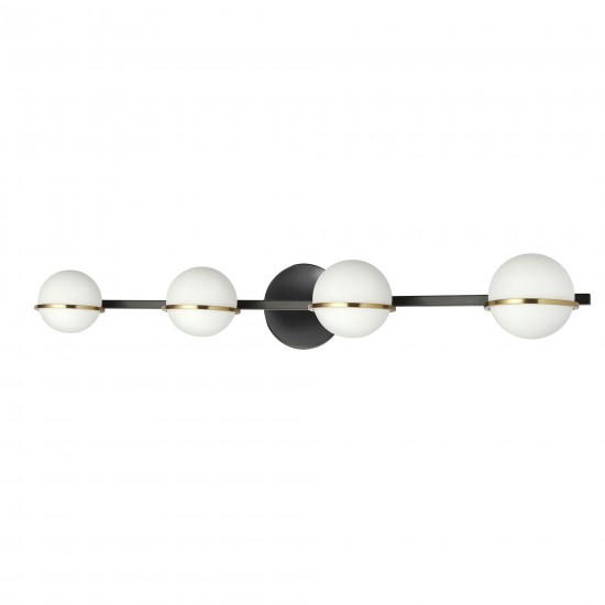 4 Light Halogen Vanity, Matte Black / Aged Brass with White Opal Glass