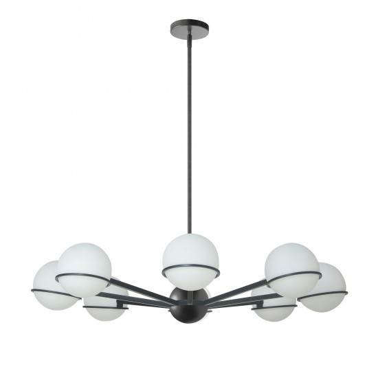 8 Light Halogen Chandelier, Matte Black with White Opal Glass