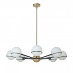 8 Light Halogen Chandelier, Matte Black / Aged Brass with White Opal Glass