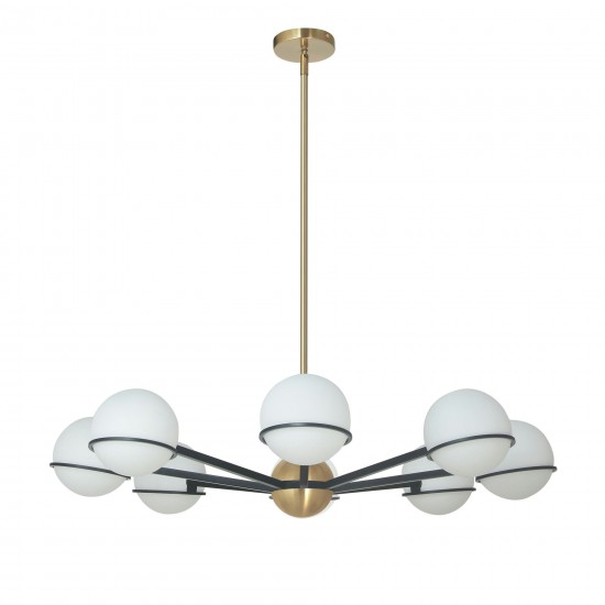 8 Light Halogen Chandelier, Matte Black / Aged Brass with White Opal Glass