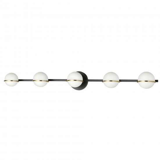 5 Light Halogen Vanity, Matte Black / Aged Brass with White Opal Glass