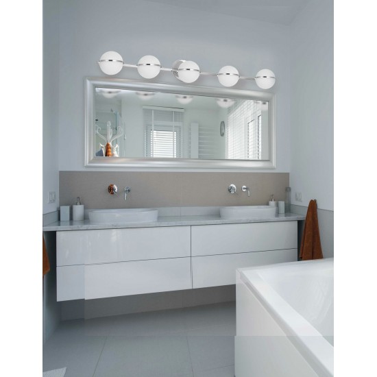 5 Light Halogen Vanity Polished Chrome Finish with White Glass