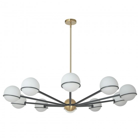 10 Light Halogen Chandelier, Matte Black / Aged Brass with White Opal Glass