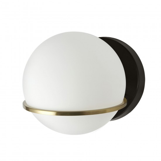 1 Light Halogen Wall Sconce, Matte Black / Aged Brass with White Opal Glass