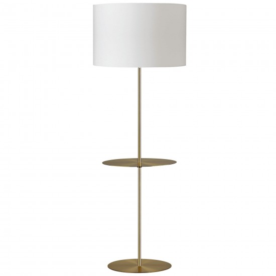 Aged Brass Incandescent Floor Lamp, Round Base with Shelf with White Shade