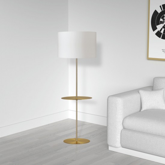 Aged Brass Incandescent Floor Lamp, Round Base with Shelf with White Shade