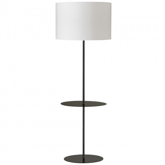 1 Light Black Incandescent Floor Lamp, Round Base with Shelf with White Shade