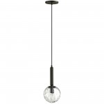 1 Light Incandescent Pendant, Matte Black with Clear Hammered Glass