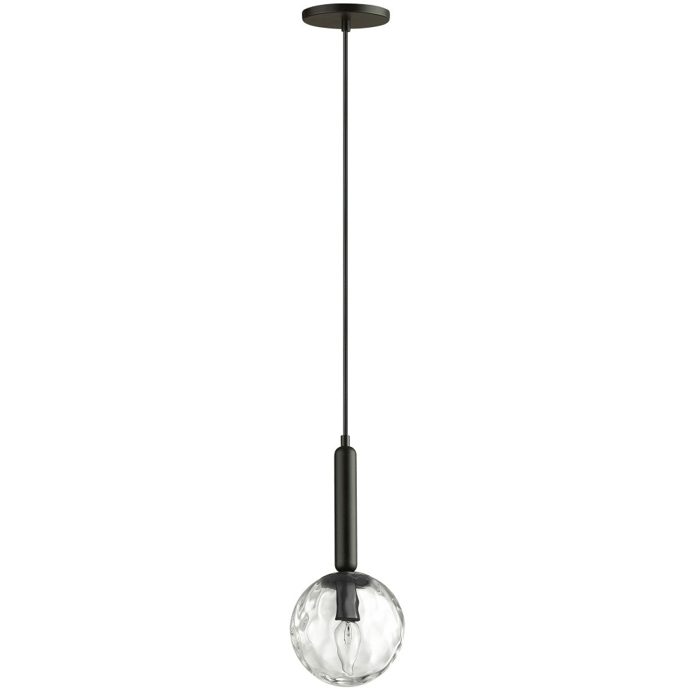 1 Light Incandescent Pendant, Matte Black with Clear Hammered Glass