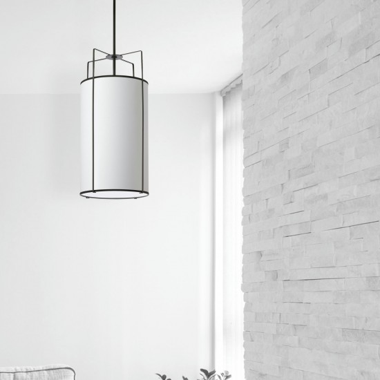 4 Light Pendant Black/White Drum Shade w/ White Fabric Diffuser