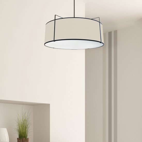 4 Light Drum Pendant Black/Cream Shade w/ White Fabric Diffuser