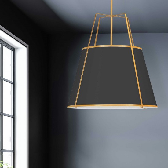 4 Light Trapezoid Pendant Black, Gold Shade w/ White Fabric Diffuser