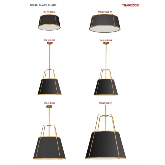 4 Light Trapezoid Pendant Black, Gold Shade w/ White Fabric Diffuser