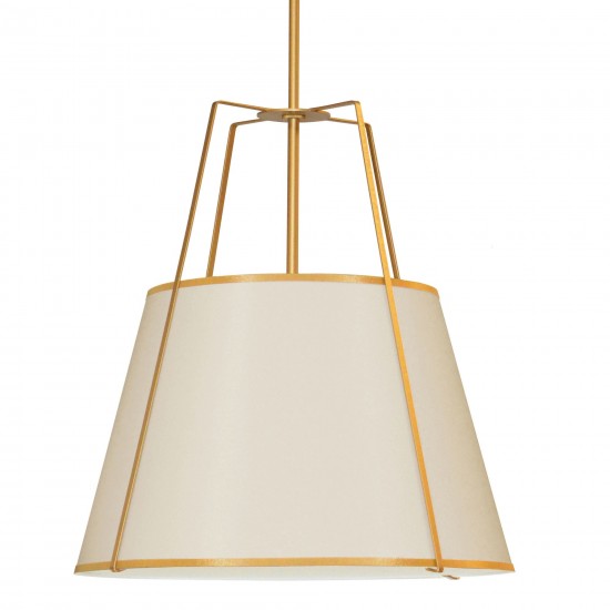 4 Light Trapezoid Pendant Cream Shade w/ White Fabric Diffuser, Gold Tubing