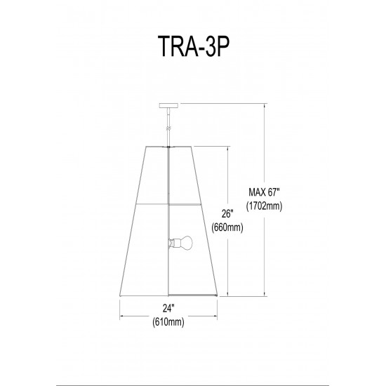 3 Light Trapezoid Pendant Black Shade w/ White Fabric Diffuser, TRA-3P-BK