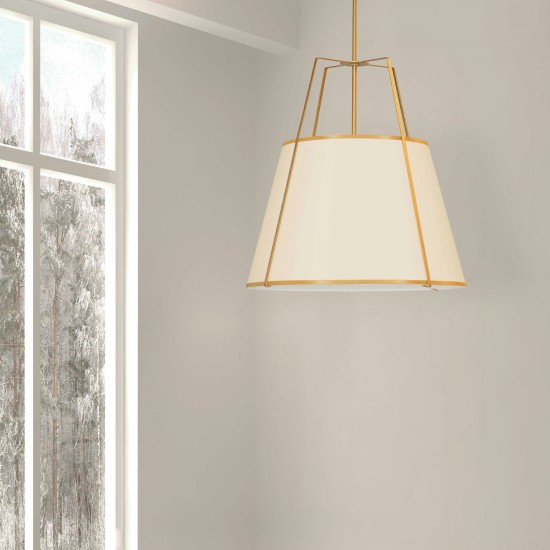 3 Light Trapezoid Pendant Gold/Cream Drum Shade w/ White Fabric Diffuser