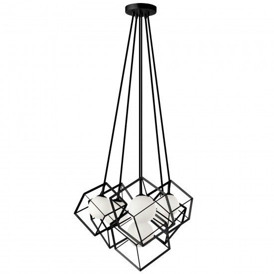 6 Light Halogen Pendant, Matte Black Finish with Opal Glass