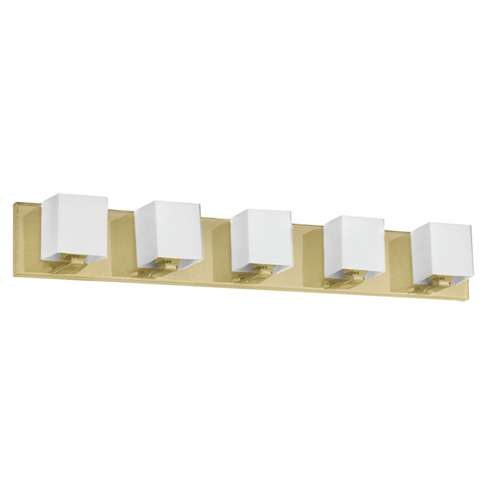 5 Light Halogen Vanity, Aged Brass with White Glass 5 Light Halogen Vanity, Aged Brass with White Glass