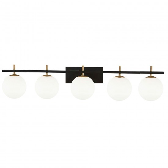 5 Light Halogen Vanity, Matte Black and Aged Brass