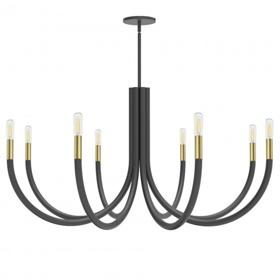 8 Light Incandescent Chandelier, Matte Black and Aged Brass