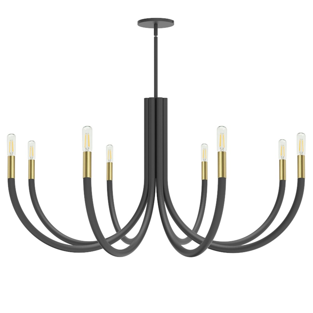 8 Light Incandescent Chandelier, Matte Black and Aged Brass