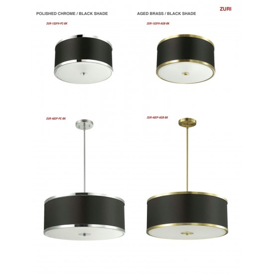 3 Light Incandescent Flush Mount, Aged Brass Finish with Black Shade