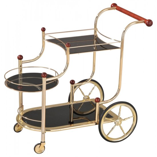 ACME Lacy Serving Cart, Gold Plated, Cherry Wood & Black Glass