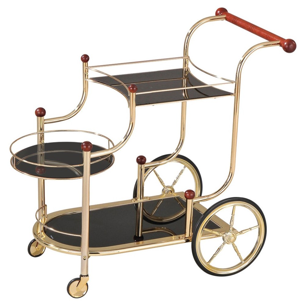 ACME Lacy Serving Cart, Gold Plated, Cherry Wood & Black Glass