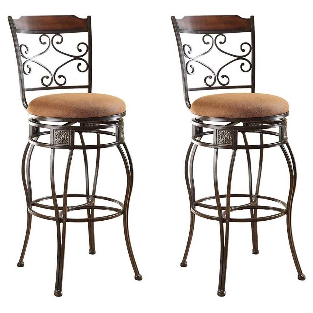 ACME Tavio Bar Chair w/Swivel (Set-2), Fabric & Black w/Gold Brush, 29" Seat Height