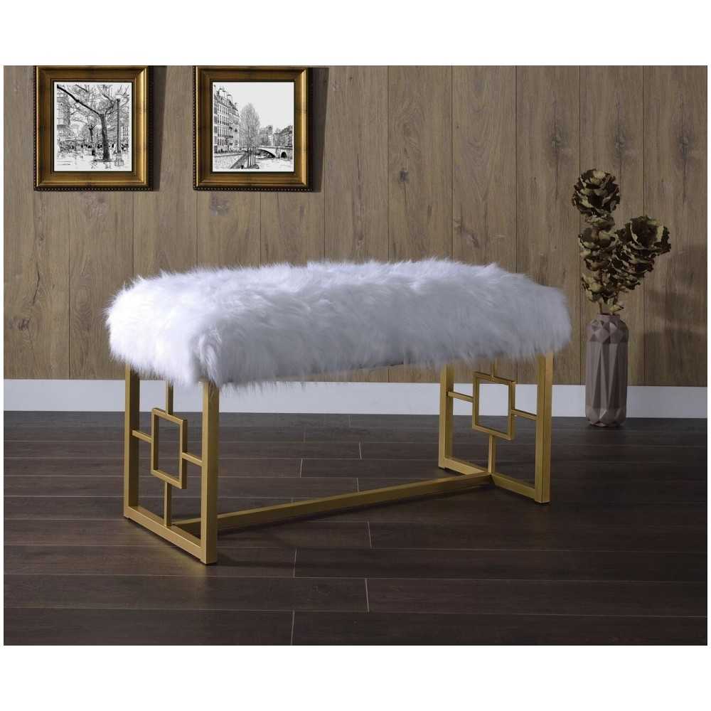 ACME Bagley II Bench, White Faux Fur & Gold