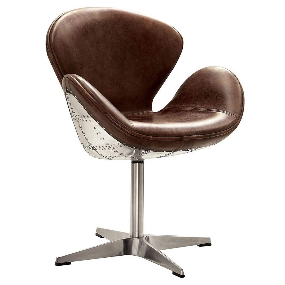 ACME Brancaster Accent Chair w/Swivel (1Pc), Retro Brown Top Grain Leather & Aluminum, 22" Seat Height