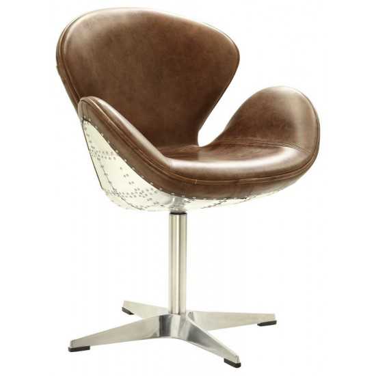 ACME Brancaster Accent Chair w/Swivel (1Pc), Retro Brown Top Grain Leather & Aluminum, 22" Seat Height